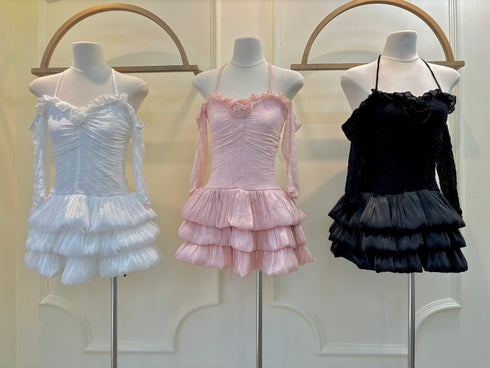 Halter Neck Mesh Satin Multi Layer Tiered Mini Dresses